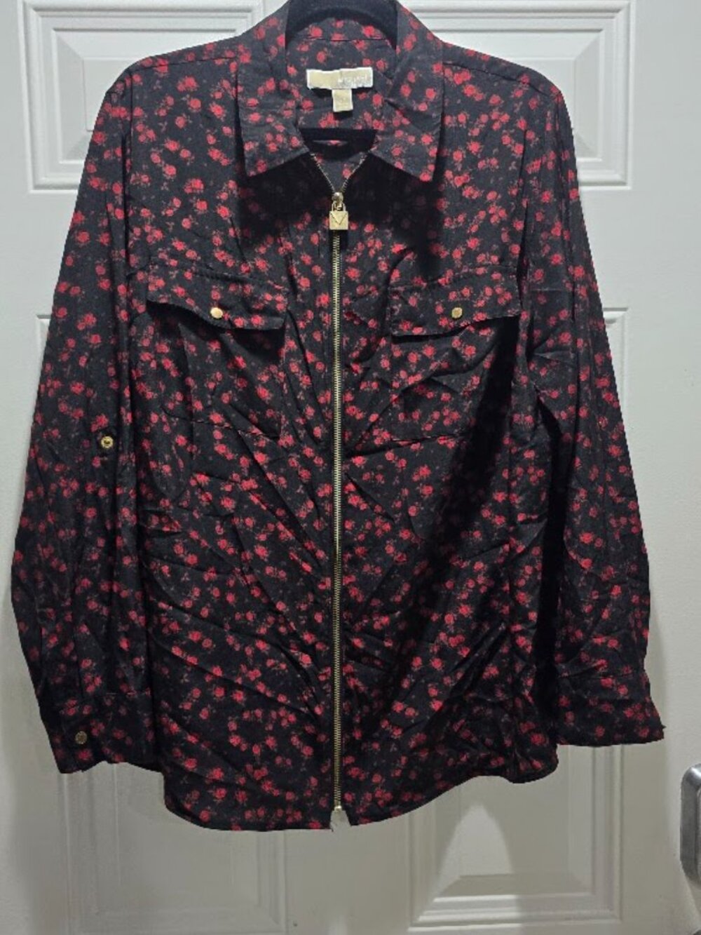 MICHAEL Michael Kors 2X Black Red Floral Zip Front Blouse Gold Hardware Plus - Picture 5 of 7